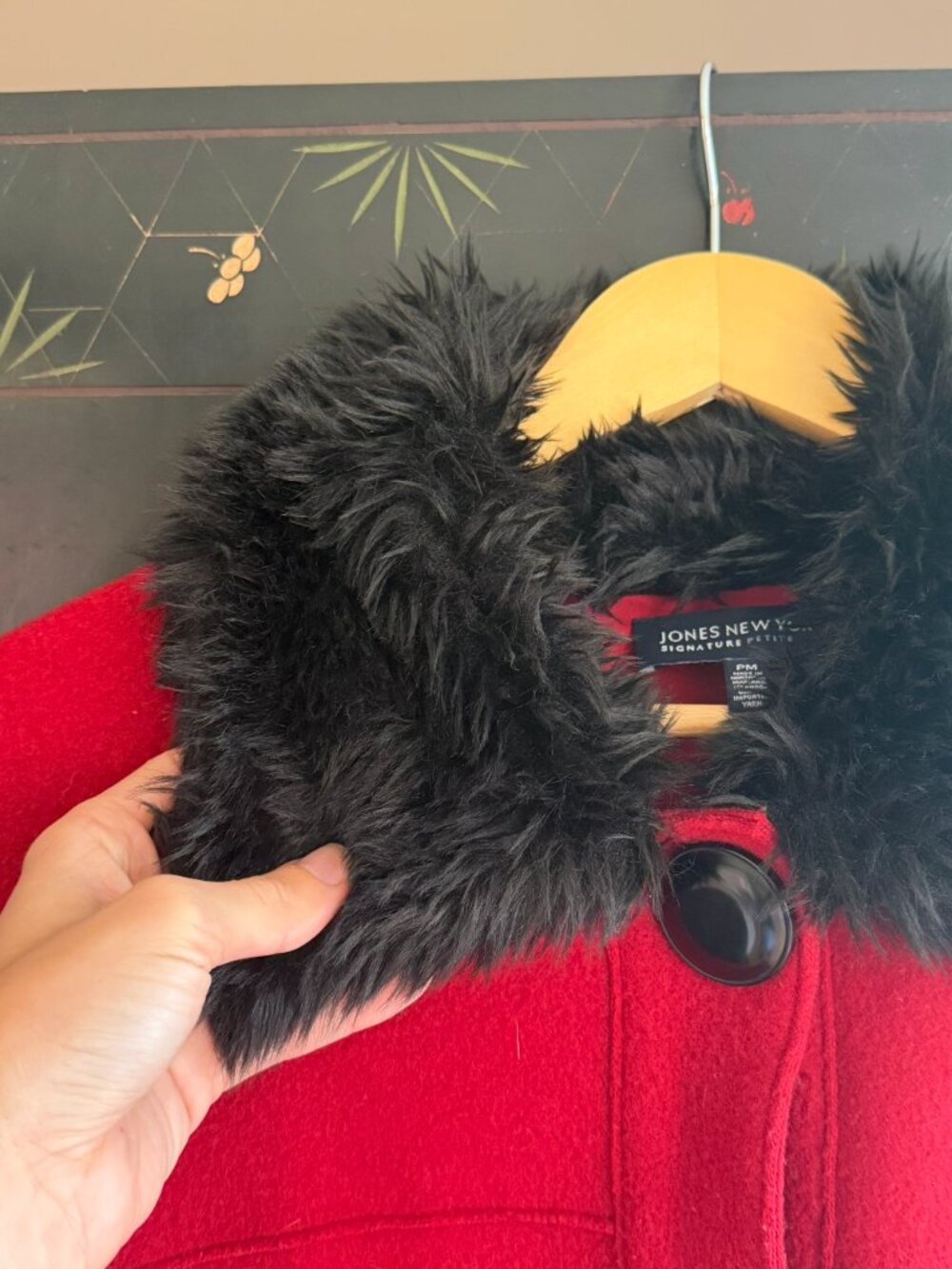 Vintage Jones NY Red + Black Fur Collar Coat Wool Small - Picture 2 of 7